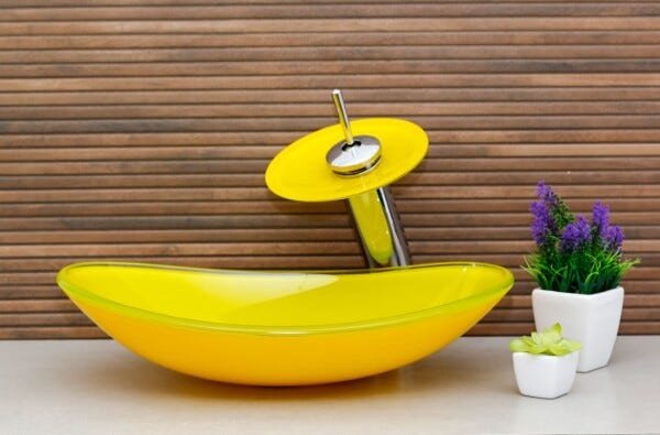 Kit Banheiro Cuba de Vidro Oval + Torneira Cascata + Válvula Click - Amarelo - 2
