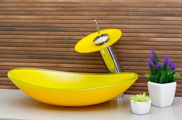 Kit Banheiro Cuba de Vidro Oval + Torneira Cascata + Válvula Click - Amarelo - 1