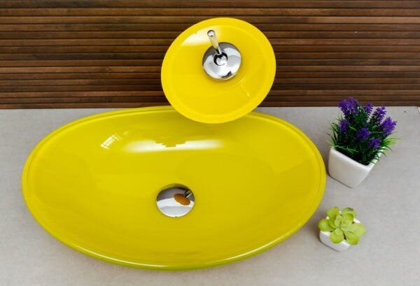 Kit Banheiro Cuba de Vidro Oval + Torneira Cascata + Válvula Click - Amarelo - 3