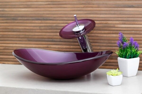 Kit Banheiro Cuba de Vidro Oval + Torneira Cascata + Válvula Click - Roxo - 1