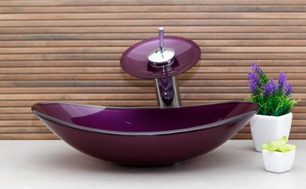 Kit Banheiro Cuba de Vidro Oval + Torneira Cascata + Válvula Click - Roxo - 2