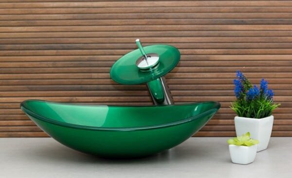 Kit Banheiro Cuba de Vidro Oval + Torneira Cascata + Válvula Click - Verde - 2
