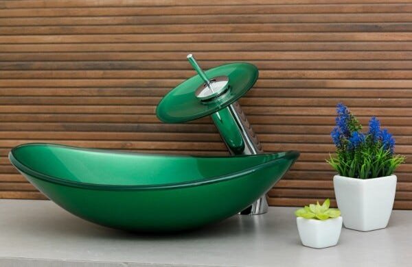Kit Banheiro Cuba de Vidro Oval + Torneira Cascata + Válvula Click - Verde - 1