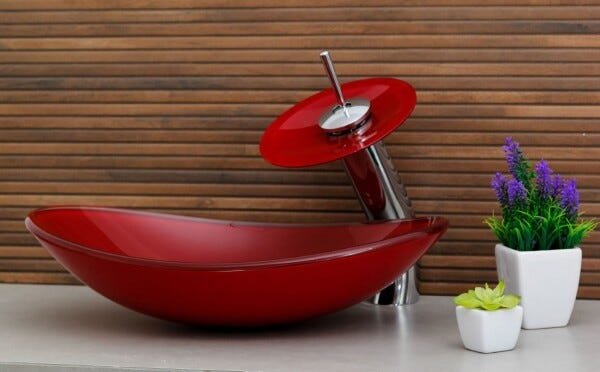 Kit Banheiro Cuba de Vidro Oval + Torneira Cascata + Válvula Click - Vermelho - 1