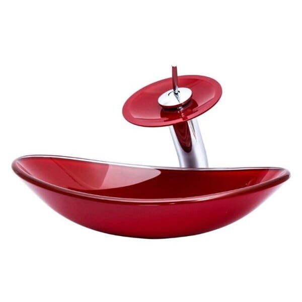 Kit Banheiro Cuba de Vidro Oval + Torneira Cascata + Válvula Click - Vermelho - 4