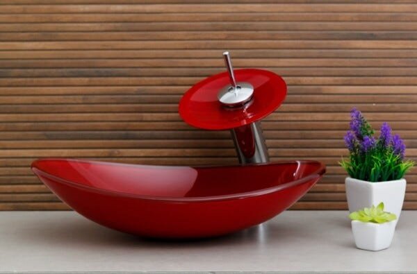 Kit Banheiro Cuba de Vidro Oval + Torneira Cascata + Válvula Click - Vermelho - 2