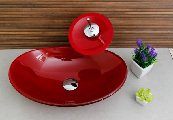 Kit Banheiro Cuba de Vidro Oval + Torneira Cascata + Válvula Click - Vermelho - 3