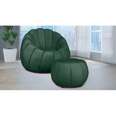 Kit Poltrona c/ Puff Concha Veludo Verde