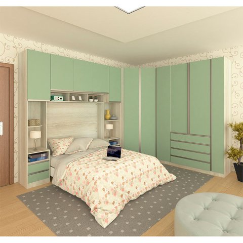Guarda Roupa Canto Casal 11 Portas e 11 Gavetas Legno Crema com Verde Jade Prime Luciane Móveis