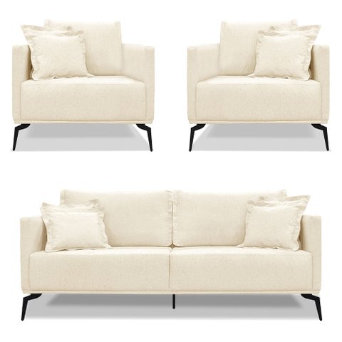 Kit 2 Poltronas e Sofá Living 2 Lugares 1,60m Sirius Linho Pés Metálicos - Pallazio Bege