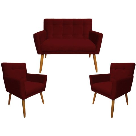 Kit Namoradeira + 2 Poltronas Decorativa Onix Suede Marsala Pés Madeira Mz Decor