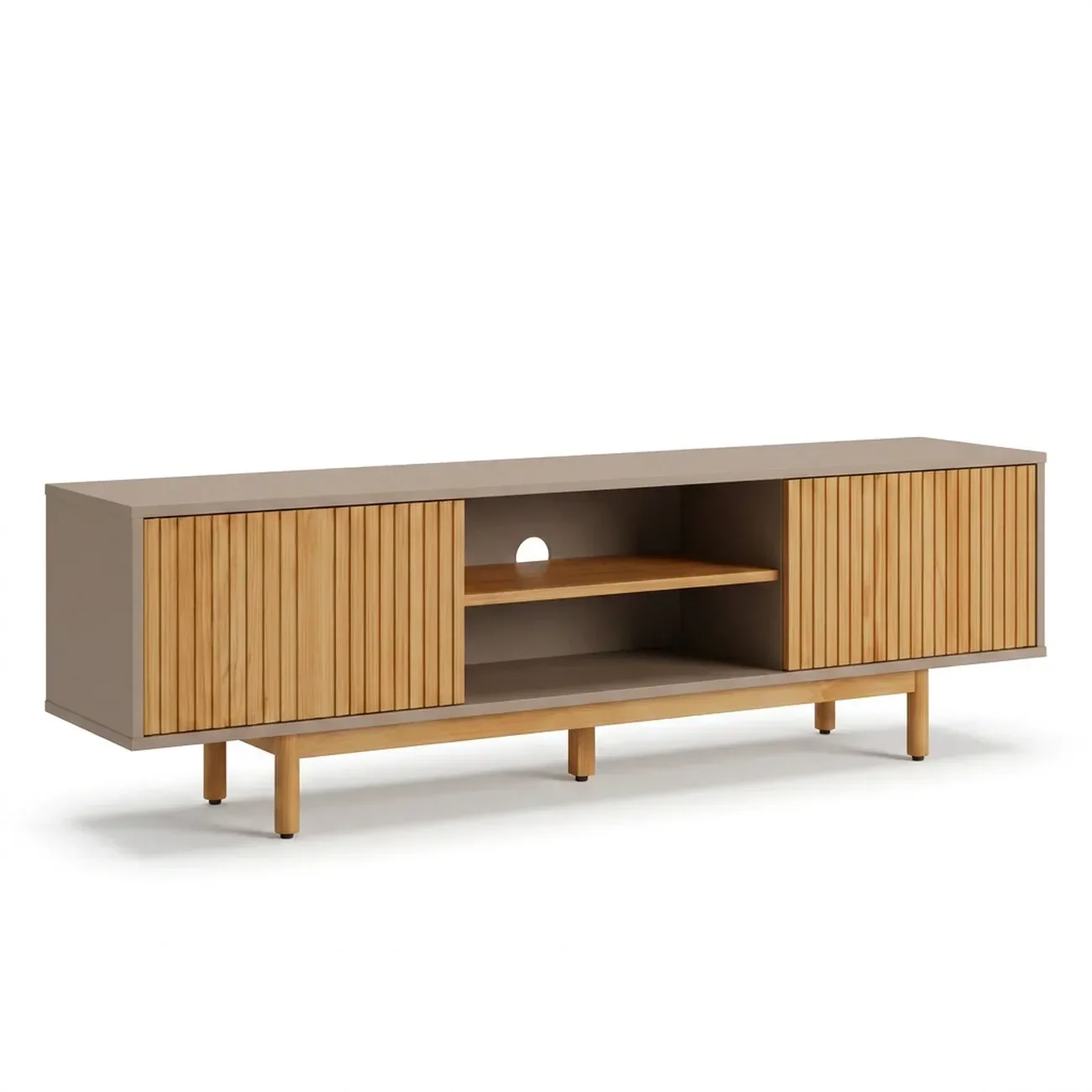 Ver imagem 2 de Rack Ripado para TV até 65 Polegadas em MDF/Madeira Maciça 180cm Rischio Marrom Fendi/Mel