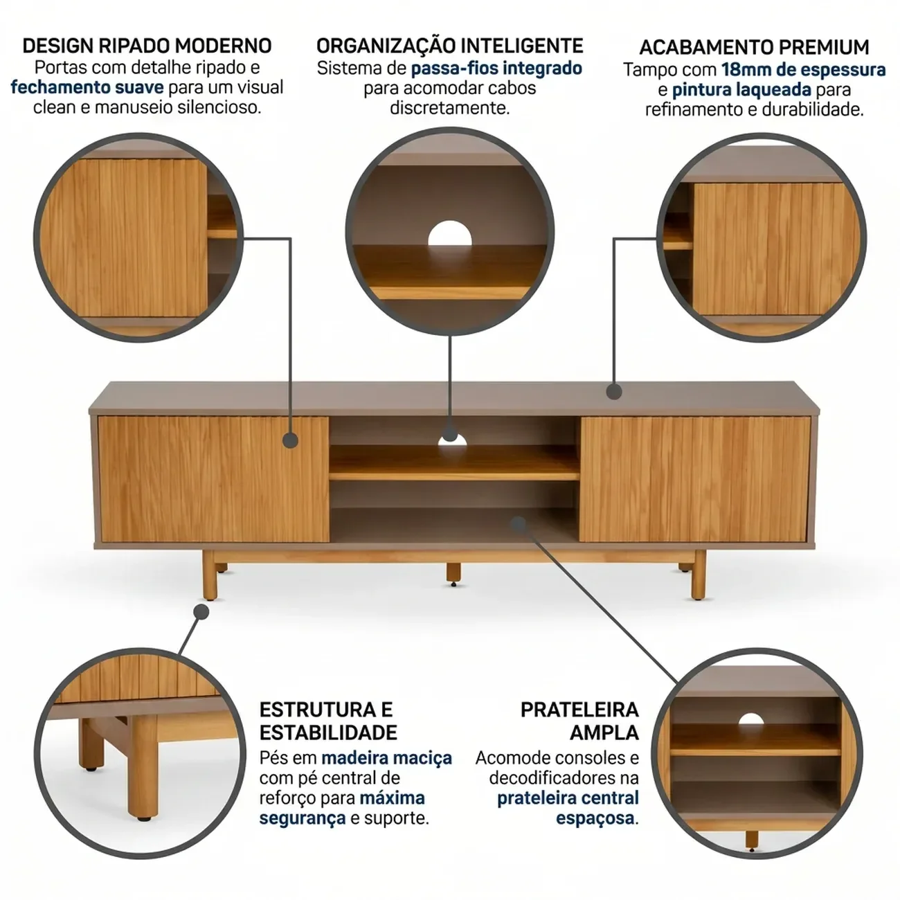 Ver imagem 6 de Rack Ripado para TV até 65 Polegadas em MDF/Madeira Maciça 180cm Rischio Marrom Fendi/Mel