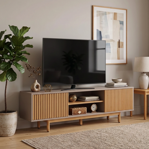 Rack Ripado para TV até 65 Polegadas em MDF/Madeira Maciça 180cm Rischio Marrom Fendi/Mel