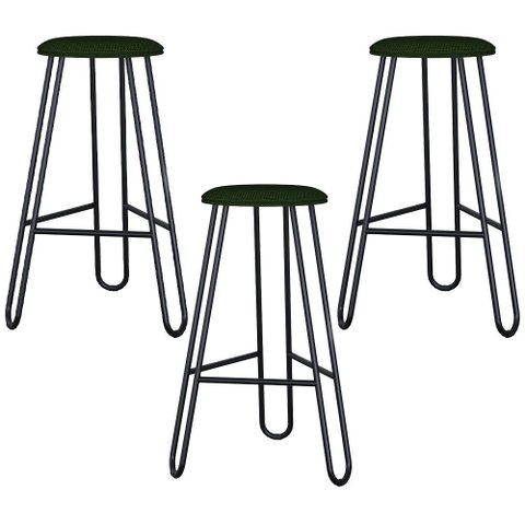 Kit 03 Banquetas Baixa Bar Cozinha Sala de Jantar Áris C01 Preto Linho Verde Musgo - Lyam Decor