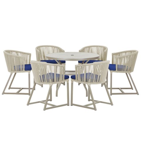 Mesa com 6 Cadeiras de Jantar Roma 120cm e Noronha em Alumínio Fendi Corda Náutica Estofado 10 Trama
