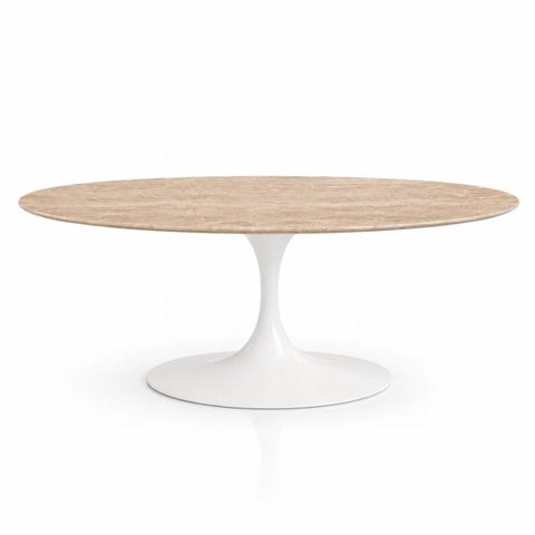 Mesa de Jantar Saarinen Oval 244x137 cm Tampo Mármore Travertino Base Laca Branca