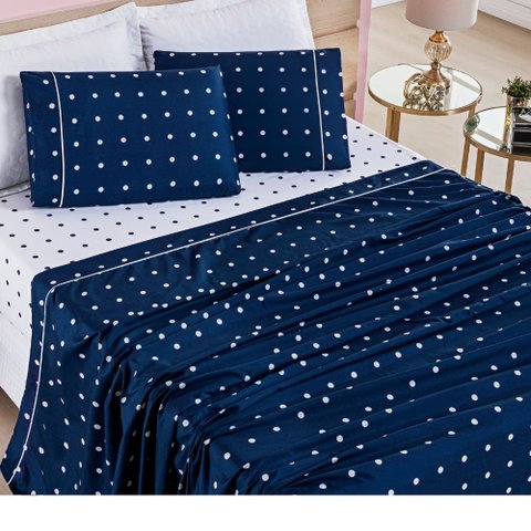 Jogo de Lençol Cama Queen 4 peças Micropercal 200 fios Petit Poá:Azul Marinho