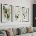 Ver imagem 1 de Kit 3 Quadros Verde Dourado Aquarela 60x80 com Vidro:preta