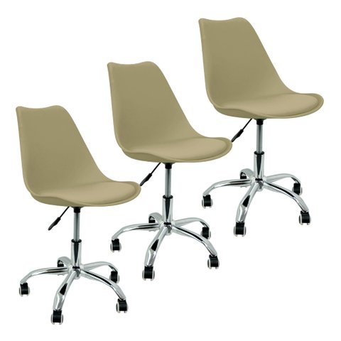Kit 3 Cadeiras Leda Office Luisa Saarinen Estofada Base Giratória Cromada - Bege