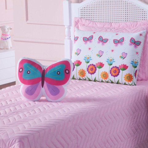 Cobre Leito Primavera Solteiro 4 Peças 100% Poliéster - Borboleta Rosa