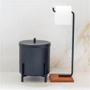 Ver imagem 2 de Kit Acessórios para Banheiro Lixeira e Suporte Porta Papel Higiênico Base de Madeira - ÉdeCasaMóveis                                           