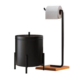 Kit Acessórios para Banheiro Lixeira e Suporte Porta Papel Higiênico Base de Madeira - ÉdeCasaMóveis                                           