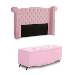 KIT + Cabeceira Com Recamier Baú Dunas Princesa em captonê 1,40 Casal Cama Box Rosa Bebê Corino Dala - 1
