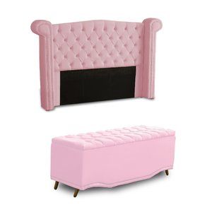 KIT + Cabeceira Com Recamier Baú Dunas Princesa em captonê 1,40 Casal Cama Box Rosa Bebê Corino Dala