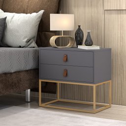 Mesa de Cabeceira Estilo Industrial Unic com Pés de Ferro e Puxadores em Couro - 1