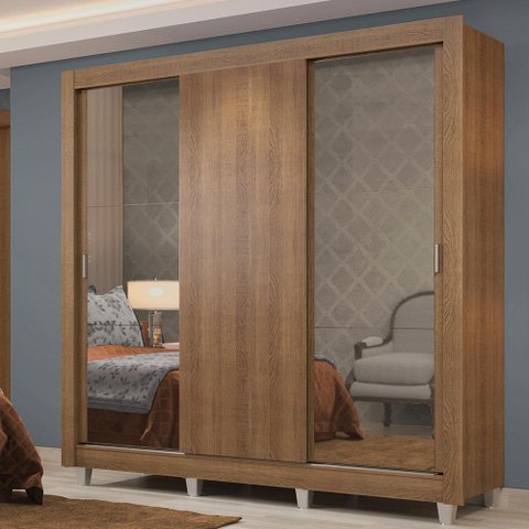Guarda-roupa Casal Madesa Lyon Plus 3 Portas de Correr com Espelhos 4 Gavetas com Pés