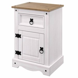 Mesa de Cabeceira de Madeira Maciça com 1 Porta e 1 Gaveta Branco Lavado
