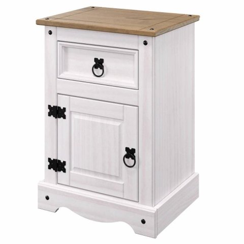 Mesa de Cabeceira de Madeira Maciça com 1 Porta e 1 Gaveta Branco Lavado