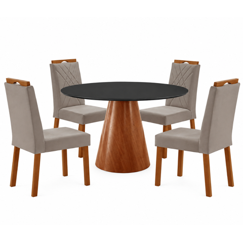 Conjunto Sala de Jantar Mesa Gênova 110cm Tampo Redondo Vidro Preto com 4 Cadeiras