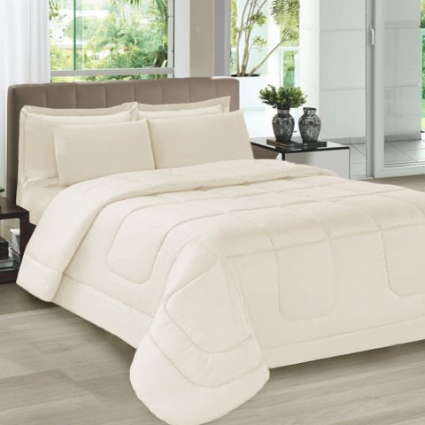 Jogo de Cama Casal 5 Peças com Edredom e Porta Travesseiros Bege Casa Dona