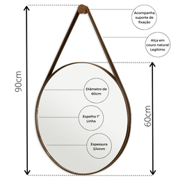 Espelho Adnet Para Lavabo Alça Em Couro 60cm + Suporte:Café - 2