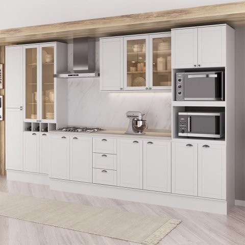 Cozinha Completa Milla Maya Pure 17 Portas 3 Gavetas MDF 380cm Branco Móveis Carraro
