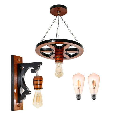 Kit Luminárias Madeira Maciça 1 Pendente Roda de Carroça 1 Arandela Colonial - Mogno + Lâmpadas