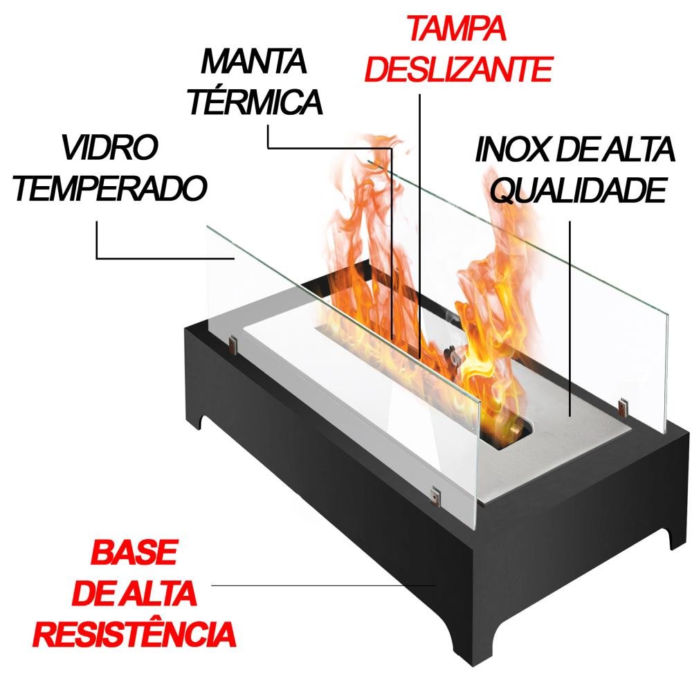 Lareira Ecológica Completa Aquecedor Armação de Metal Com Vidro Temperado Manta Térmica - 3