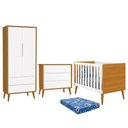Ver imagem 1 de Dormitório Infantil Theo Retrô 2 Portas, Cômoda, Berço Branco/Savana com Pés Amadeirado e Colch