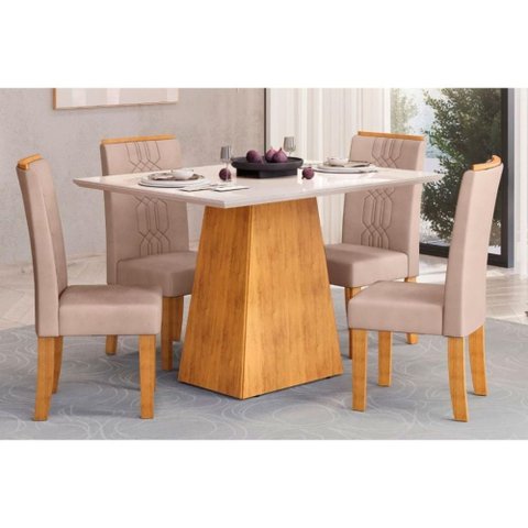 Conjunto: Mesa Sala Jantar Dulce Tampo Madeirado C/ Vidro Reto 120x90cm e 4 Cadeiras Zoe Cedro/off
