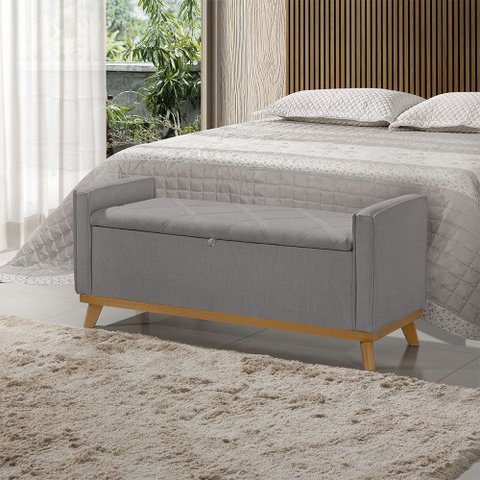 Banco Recamier Baú para Quarto Casal 130cm Linho com Base de Madeira Sofatec