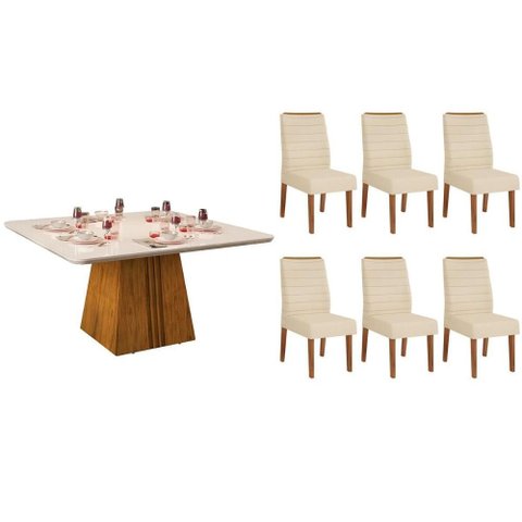 Sala de Jantar Completa Itália C/ Tampo Madeirado C/ Vidro Curvo 136x136cm e 6 Cadeiras Ondina