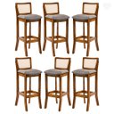 Ver imagem 1 de Kit 6 Banquetas Alta com Encosto Rattan Portugal Estofada Linho Cinza L55 Rmi