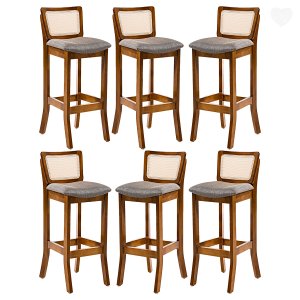 Kit 6 Banquetas Alta com Encosto Rattan Portugal Estofada Linho Cinza L55 Rmi