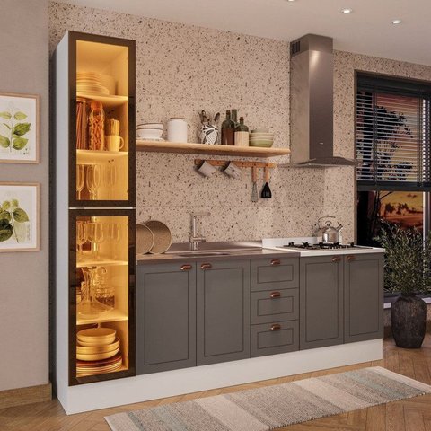 Cozinha Pérola com Rodapé e Cristaleira com LED 3 Peças 240 cm Yescasa Branco