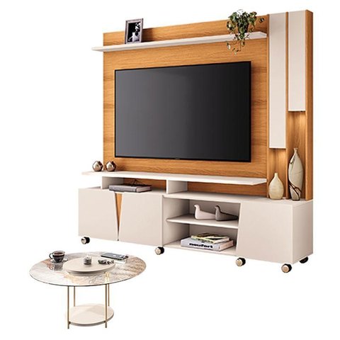 Estante Home Theater Virtus Cinamomo Off White com Mesa de Centro Sky com Tampo de Vidro Off White