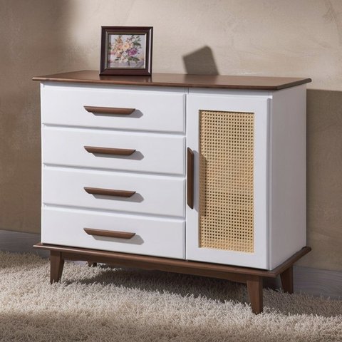 Cômoda 4 Gavetas 1 Porta Ratam 100% Madeira Maciça Branco/Castanho