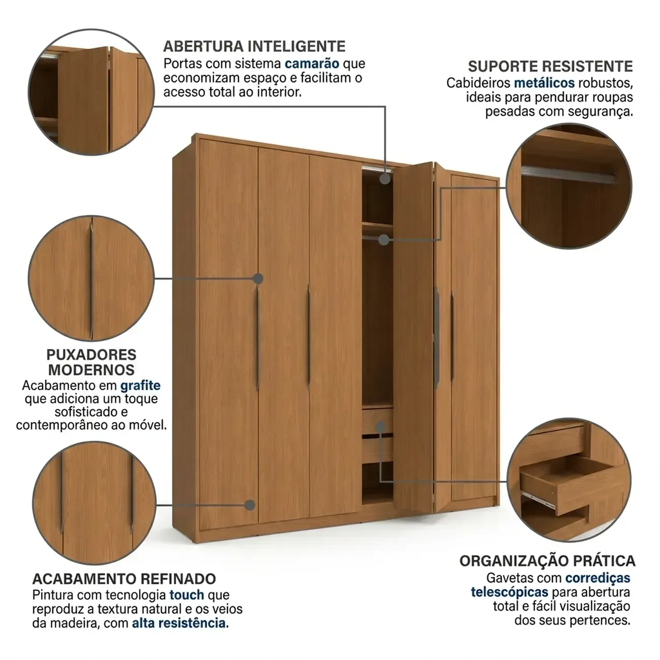 Ver imagem 5 de Guarda Roupa Casal 6 Portas Camarão com 4 Gavetas 259x232cm Elegance Canela