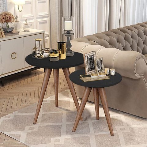 Conjunto Mesa Lateral de Apoio Retrô Pés Palito Preto - Quality Móveis